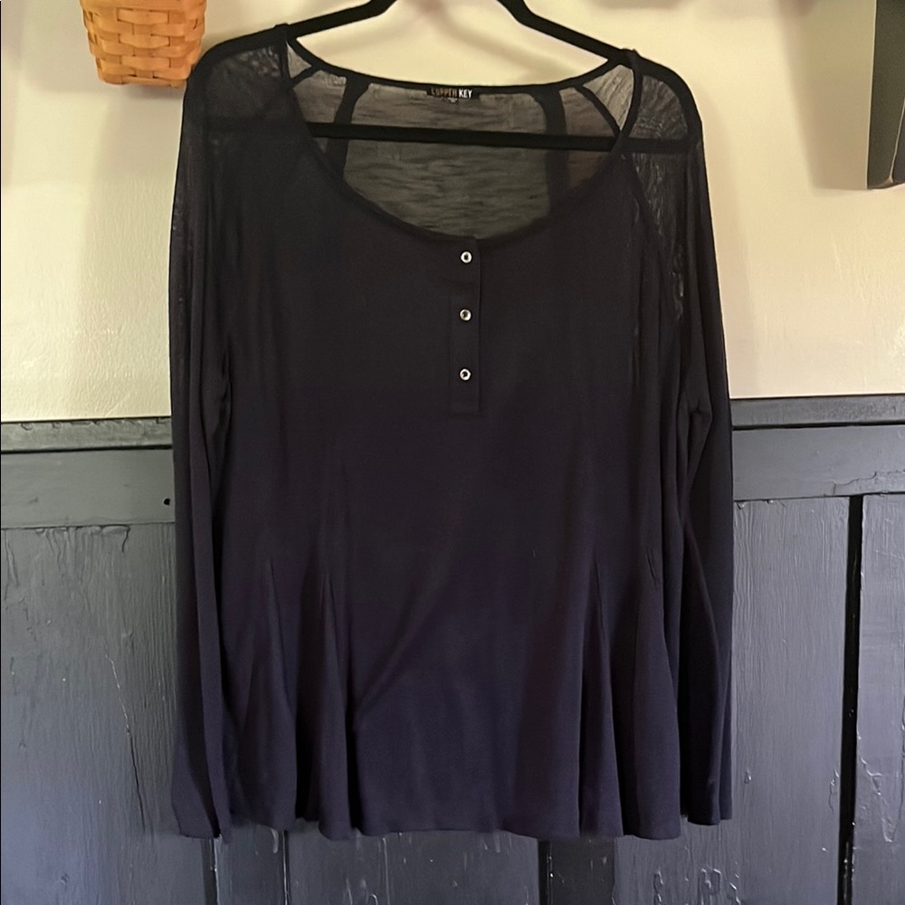 Copper Key Navy Long Sleeve Polo Blouse XL sheer